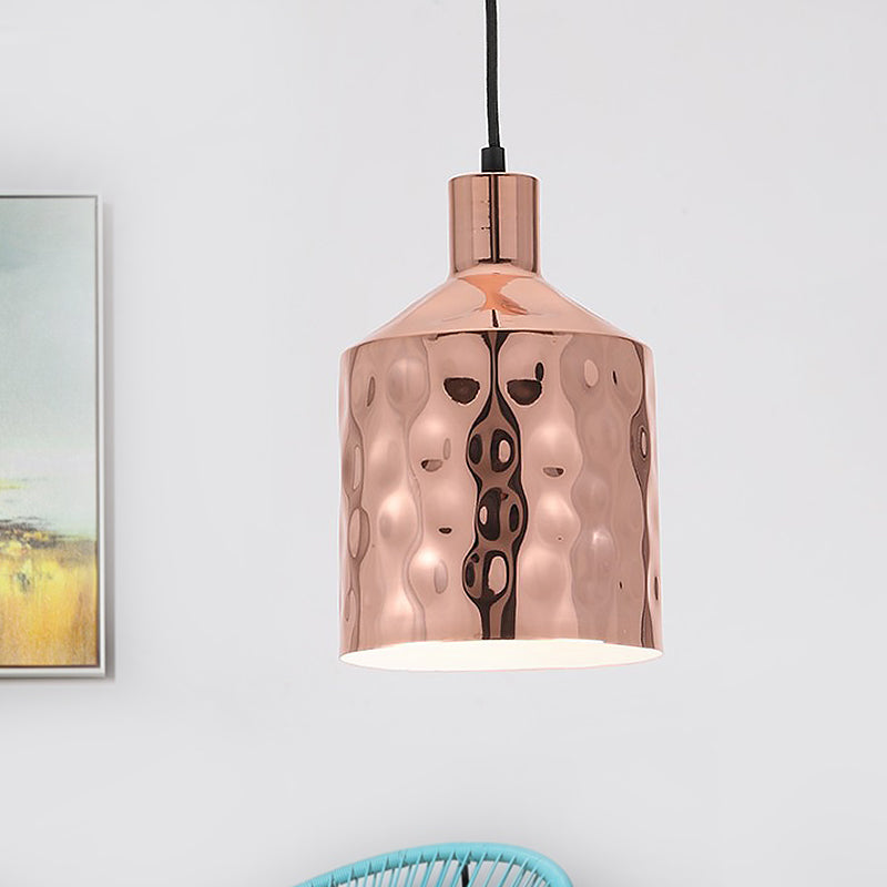 Mid Century Single Hanging Lamp Iron Rose Gold Dimpled Cylindrical Pendant Lighting Fixture
