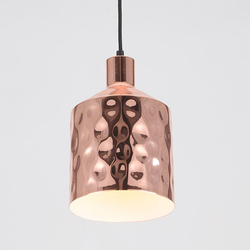 Mid Century Single Hanging Lamp Iron Rose Gold Dimpled Cylindrical Pendant Lighting Fixture