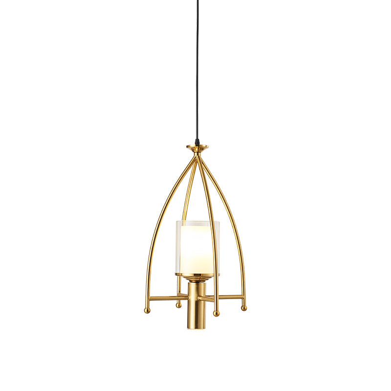 Matte Glass Dual Shade Cylinder Pendant Mid Century 1-Light Hanging Light Fixture with Gold Cage Guard