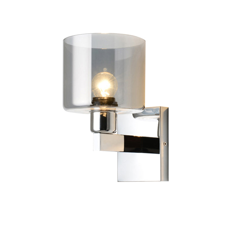 Cylindrical Grey Glass Wall Sconce Modernist 1 Light Chrome Wall Light Fixture with 1 Switch/2 Switches/No Switch