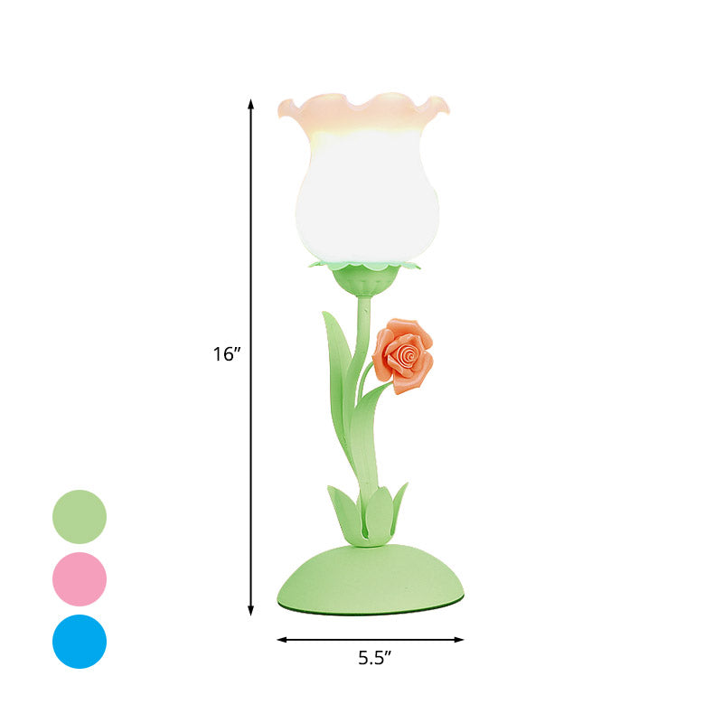 Pastoral Rosenknospetisch Licht 1 Kopf Opal Mattglas Nachttisch Lampe mit rosa/blau/grüner Rebe