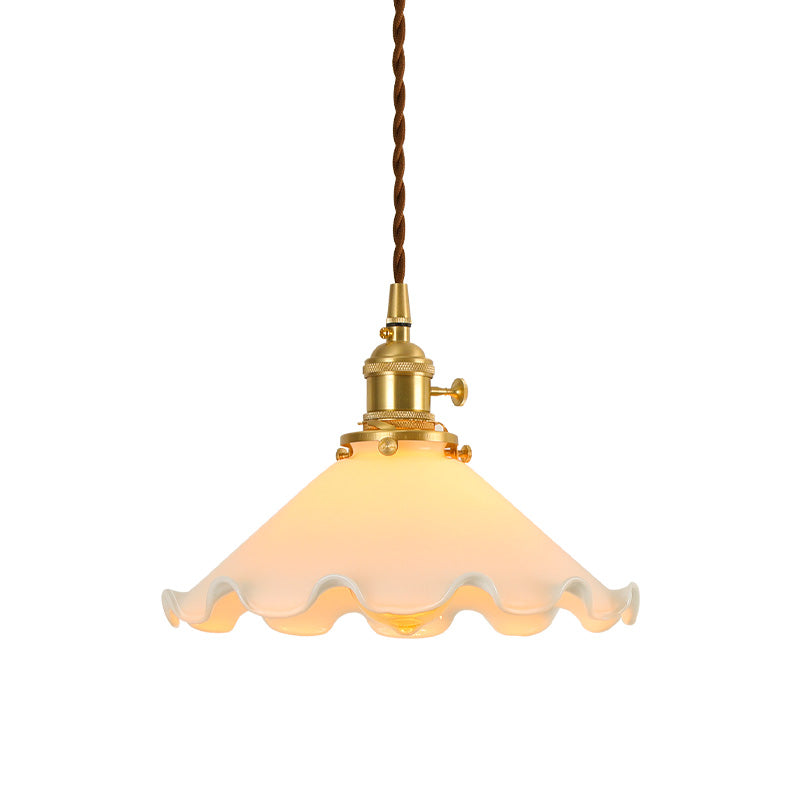 Conical Frosted White Glass Drop Pendant Pastoral 1-Light Bedroom Ceiling Lamp with Ruffle Edge