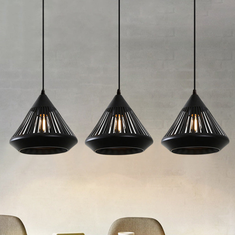 3-Head Multi Hanging Light Retro Hollowed Out Diamond Iron Ceiling Pendant Light with Round/Linear Canopy in Black