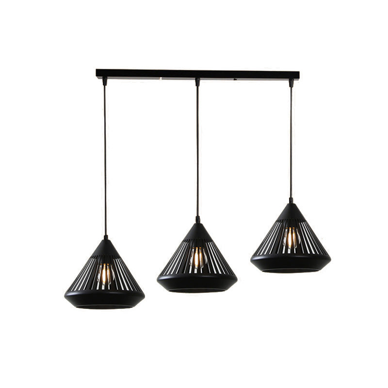3-Head Multi Hanging Light Retro Hollowed Out Diamond Iron Ceiling Pendant Light with Round/Linear Canopy in Black