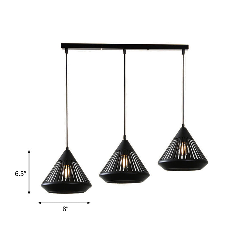 3-Head Multi Hanging Light Retro Hollowed Out Diamond Iron Ceiling Pendant Light with Round/Linear Canopy in Black