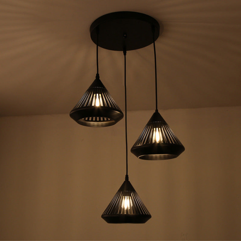 3-Head Multi Hanging Light Retro Hollowed Out Diamond Iron Ceiling Pendant Light with Round/Linear Canopy in Black