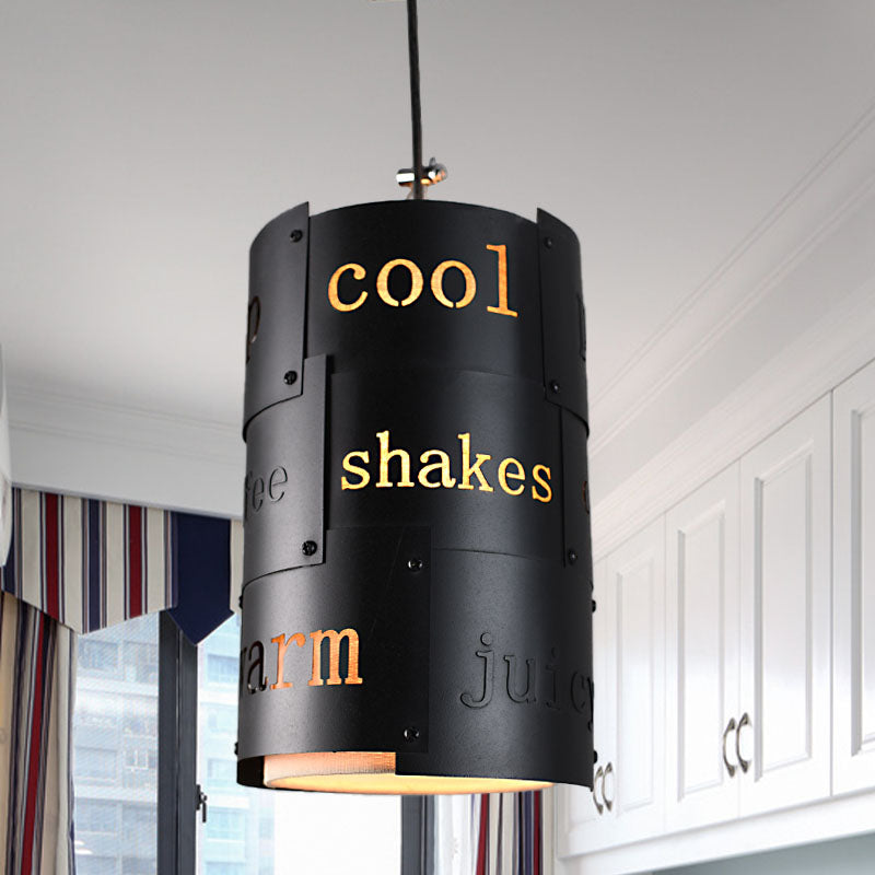 Mini Spliced Column Beer Bar Hanging Lamp Artistry Metallic Single Black Ceiling Pendant with Script