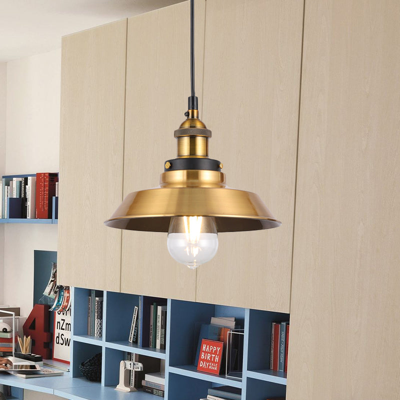 Antique Gold 1-Light Pendant Lighting Retro Iron Lid/Flat/Hammered Cone Hanging Light Fixture over Dining Table