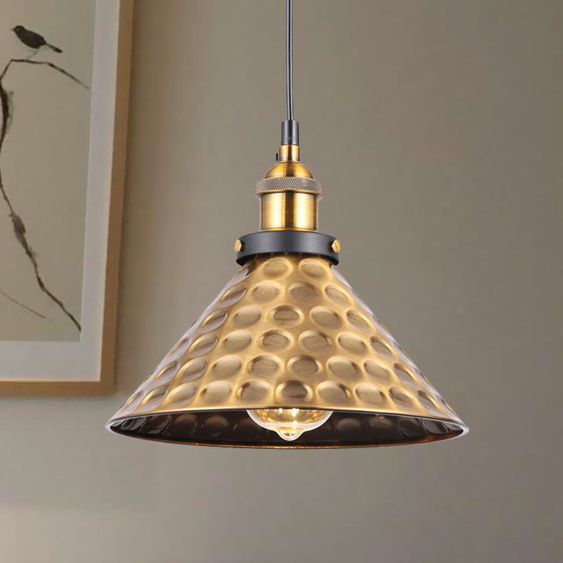 Antique Gold 1-Light Pendant Lighting Retro Iron Lid/Flat/Hammered Cone Hanging Light Fixture over Dining Table