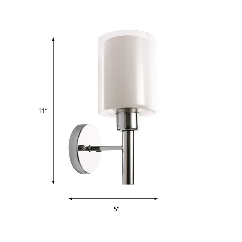 Modern Cylinder Wall Lighting Clear Glass 1 Light Chrome Wall Light with Inner White Glass Shade