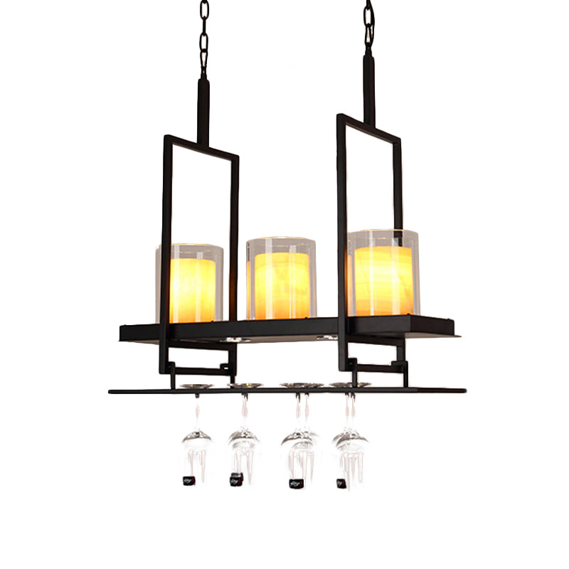 3/5 Heads Cylinder Island Light Traditional Black Marble Pendant Lighting Fixture with Metal Wine Glass Rack