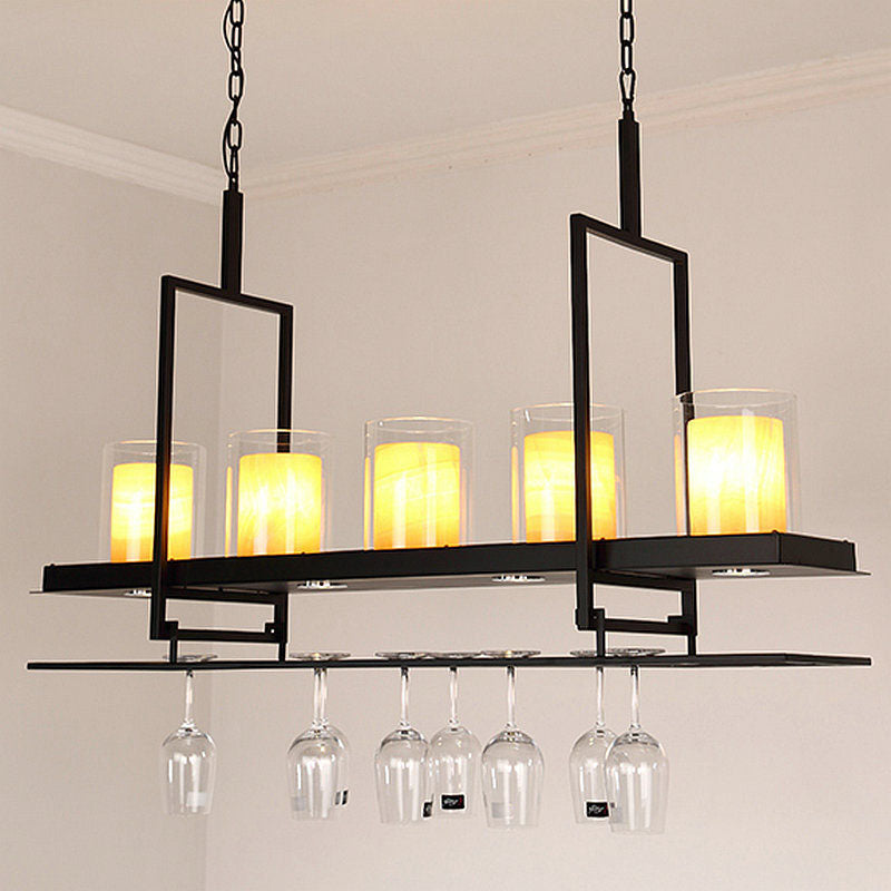 3/5 Heads Cylinder Island Light Traditional Black Marble Pendant Lighting Fixture with Metal Wine Glass Rack