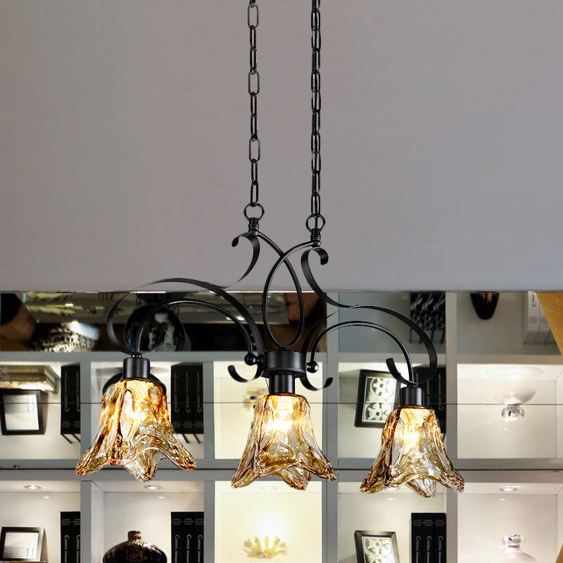 Amber Glass Black Island Lamp Floral 3 Heads Traditionalism Down Lighting Pendant for Dining Room