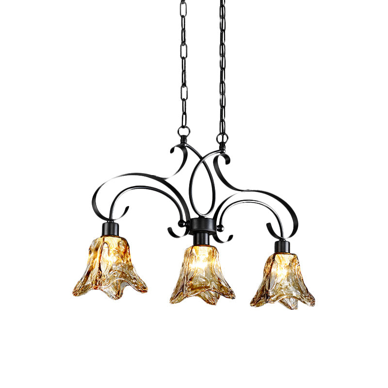 Amber Glass Black Island Lamp Floral 3 Heads Traditionalism Down Lighting Pendant for Dining Room