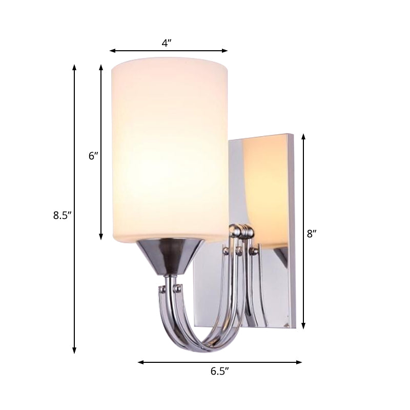 Silver Cylindrical Sconce Lighting Modernist 1 Light White Glass Wall Mounted Lamp with Curved Arm