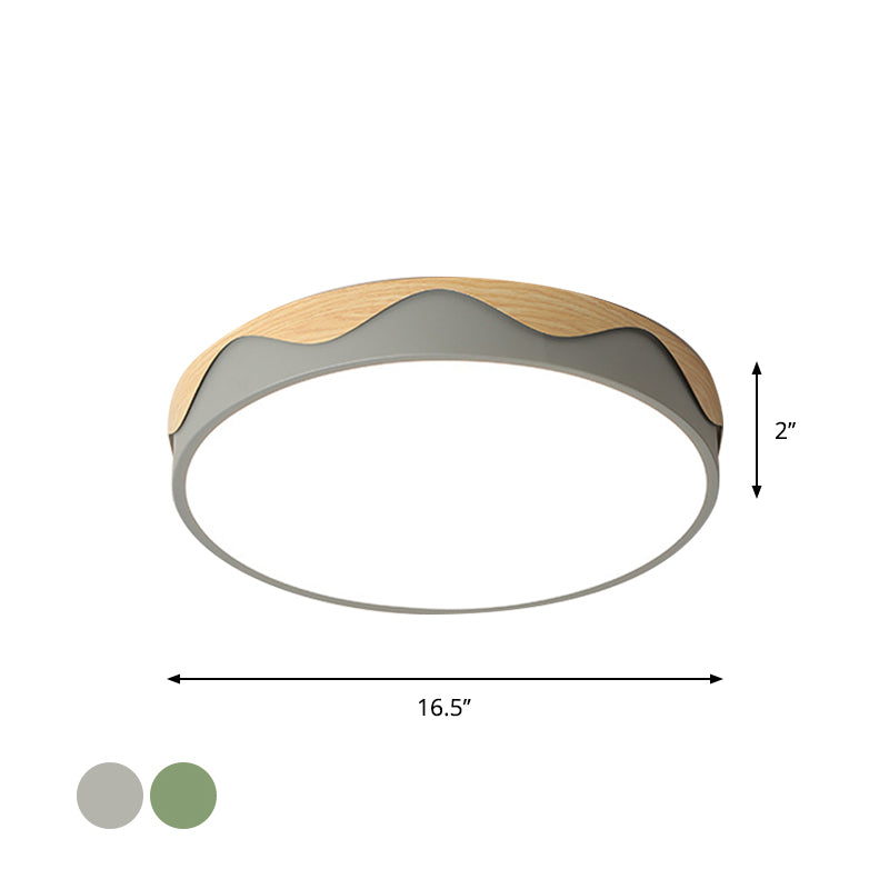 Rounded Thin Close to Ceiling Light Macaron Acrylic Grey/Green 16.5"/20.5" Wide LED Flush Mount Light with Wavy Edge, Warm/White Light