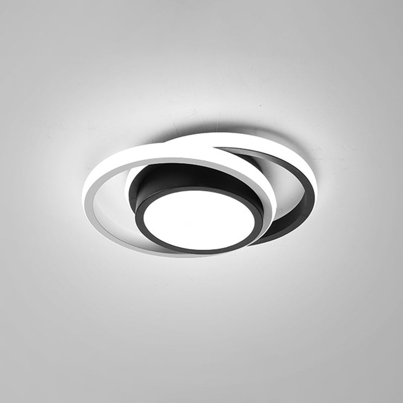 Rounded Apartment Ceiling Lighting Iron Minimalist LED Flush Mount in Black-White with Dual Circle Guard, Warm/White Light