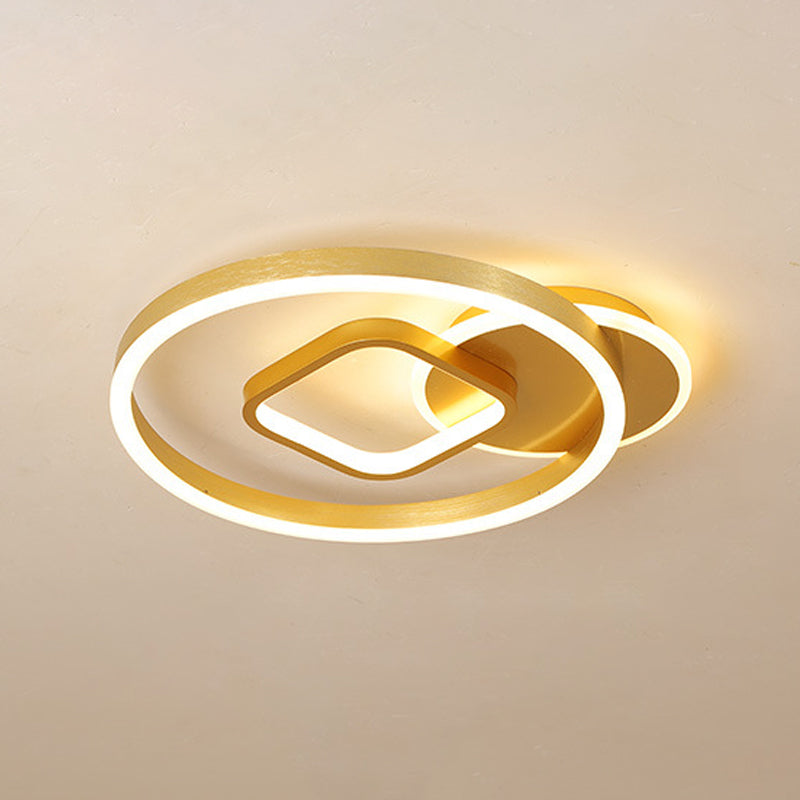 18"/22" Wide Minimal LED Flush Mount Lamp Metal Golden Circle and Square Inner Ceiling Light Fixture in Warm/White Light