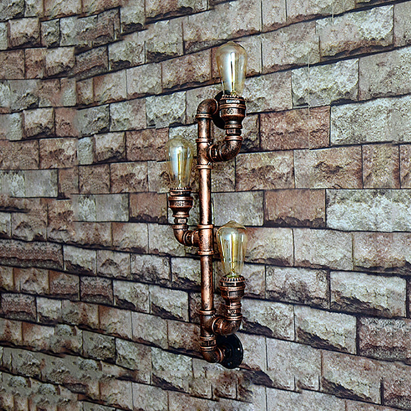 Warehouse Water Pipe Wall Sconce Lamp with Exposed Bulb 2/3 Lights Iron Wall Light Fixture in Weathered Copper