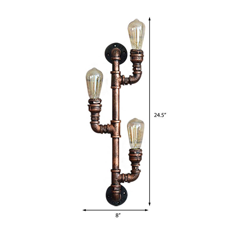 Warehouse Water Pipe Wall Sconce Lamp with Exposed Bulb 2/3 Lights Iron Wall Light Fixture in Weathered Copper