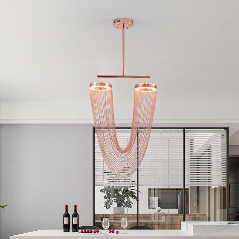 Rose Gold V Shaped Chain Fringe Pendant Modern Vogue Hand Braided Aluminum LED Hanging Ceiling Light for Loft House