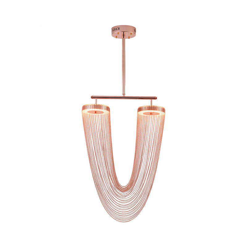 Rose Gold V Shaped Chain Fringe Pendant Modern Vogue Hand Braided Aluminum LED Hanging Ceiling Light for Loft House
