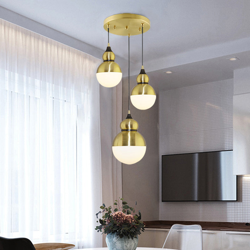 Gourd Dinette Multi-Light Pendant Cream Matte Glass 3 Bulbs Modernism Hanging Light in Brass