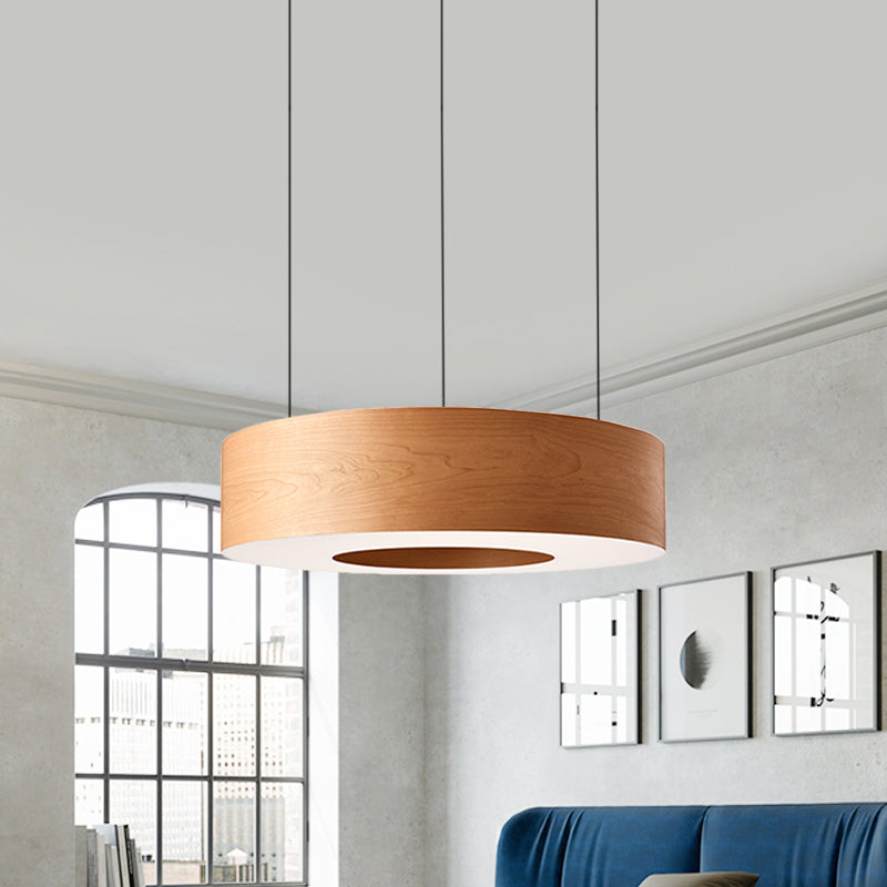Brown Hollowed Round LED Pendant Light Simple Wooden Hanging Ceiling Light for Restaurant
