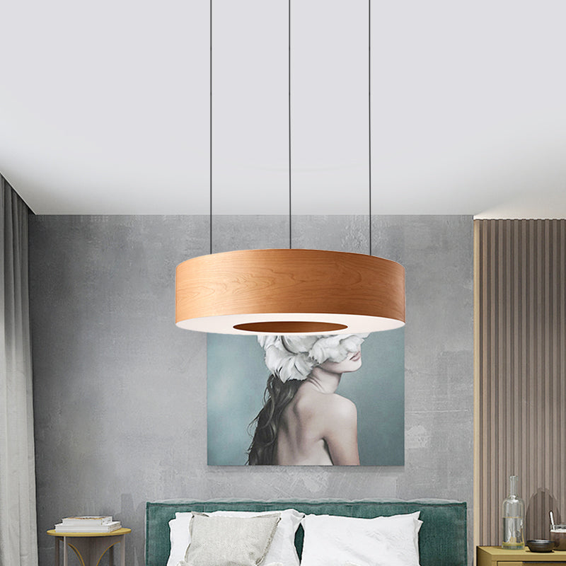 Brown Hollowed Round LED Pendant Light Simple Wooden Hanging Ceiling Light for Restaurant