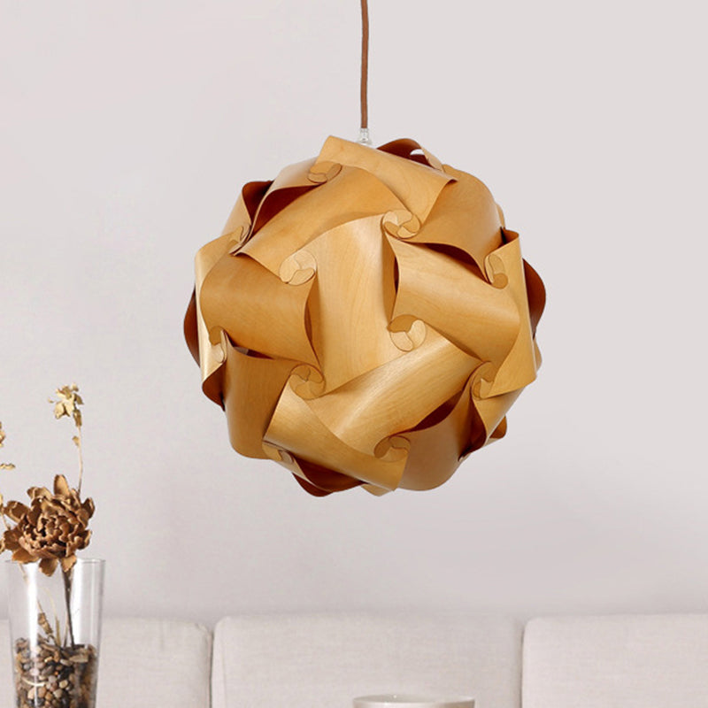Pieced Globe Dinette Drop Pendant Wood 1 Bulb Minimalist Hanging Light Kit in Light-Brown