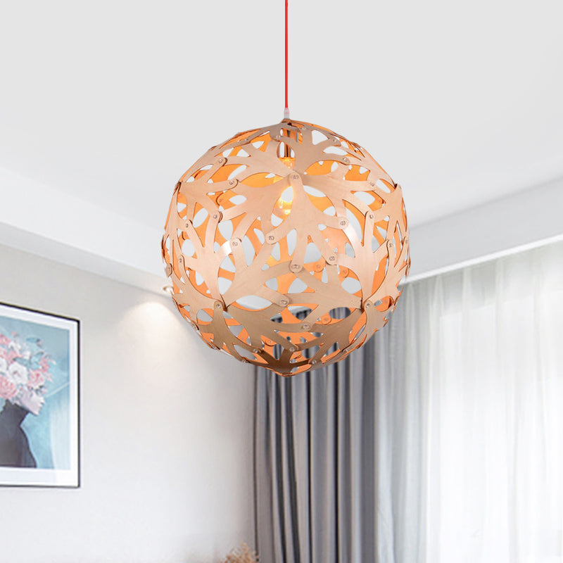 Hollowed Out Globe Pendant Light Modern Bamboo Braided 1 Head Lounge Ceiling Suspension Lamp in Wood