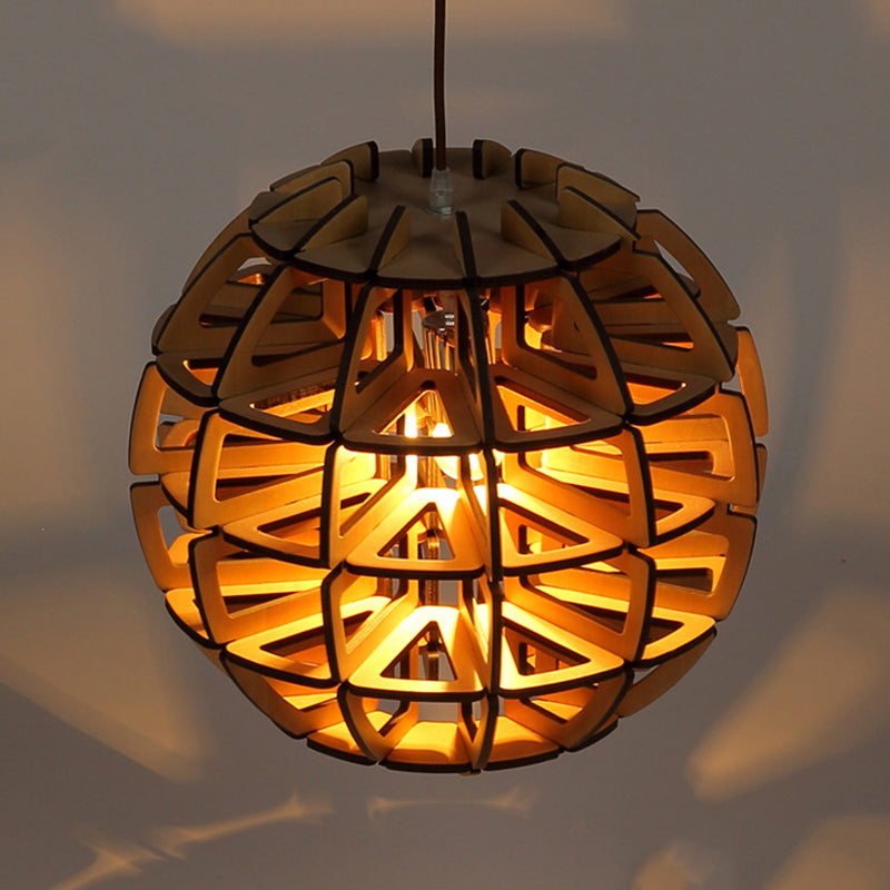 Hand-Worked Beehive Ball Hanging Light Asia Novelty Wood 1-Light Brown Pendant Ceiling Lamp
