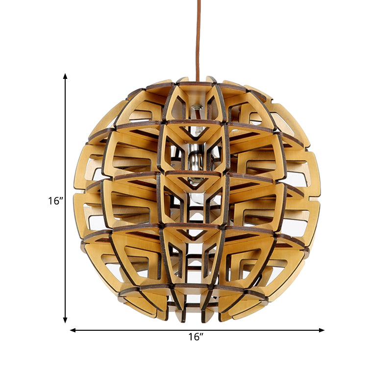 Hand-Worked Beehive Ball Hanging Light Asia Novelty Wood 1-Light Brown Pendant Ceiling Lamp