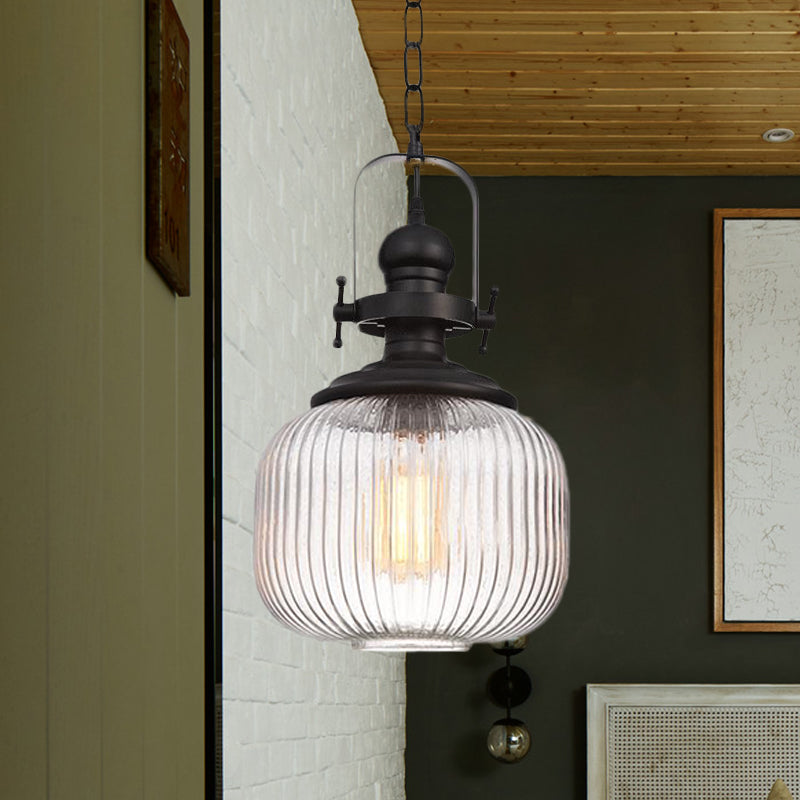Ovale/Drum Clear Ribbed Glass Pendant Vintage 1 Head Bistro Hanging Ceiling Light in Black