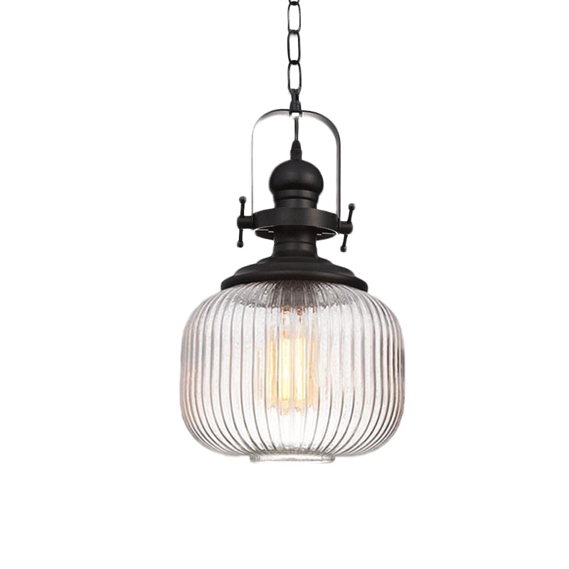 Ovale/Drum Clear Ribbed Glass Pendant Vintage 1 Head Bistro Hanging Ceiling Light in Black