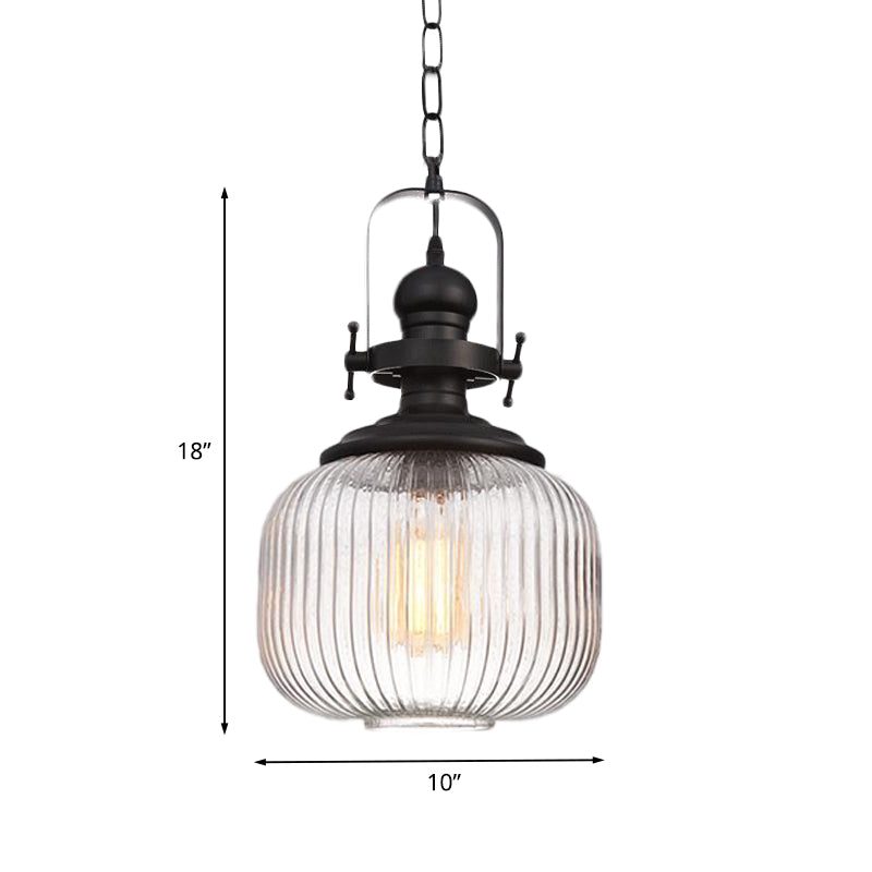Ovale/Drum Clear Ribbed Glass Pendant Vintage 1 Head Bistro Hanging Ceiling Light in Black