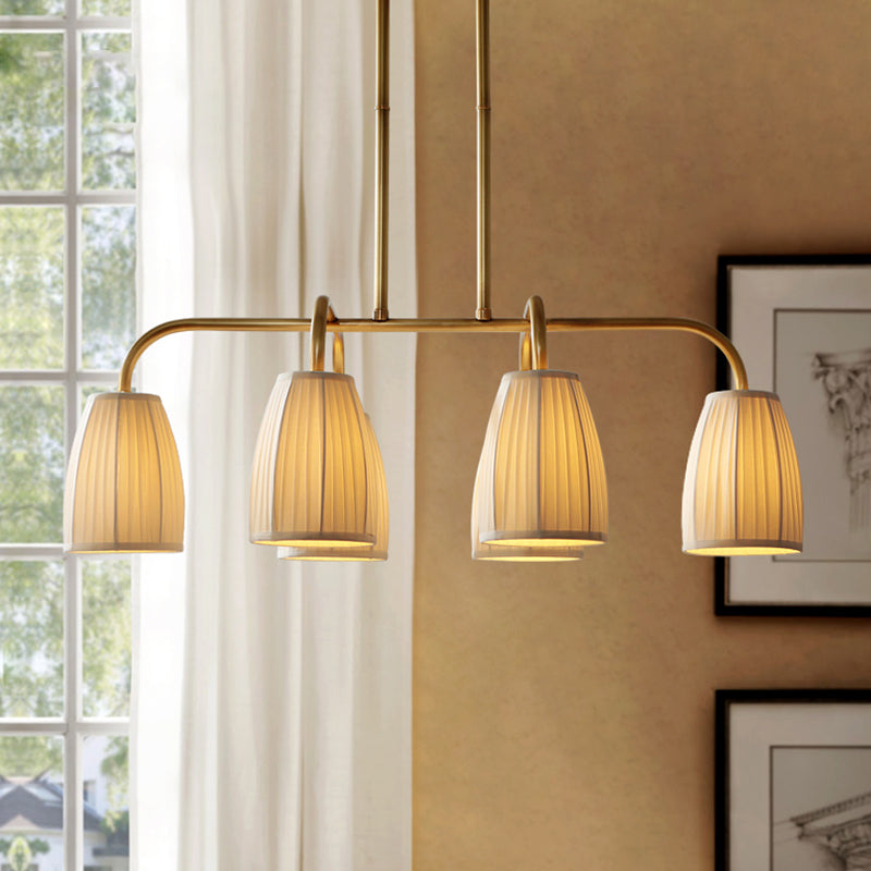 3/6 Bulbs Hanging Chandelier Rural Dress Shaped Pleated Fabric Pendant Ceiling Light in Gold over Dining Table