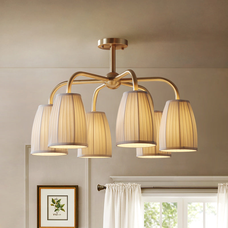 Gold 4/6 Lights Flush Chandelier Countryside Gathered Fabric Bell Shaped Hanging Light Fixture