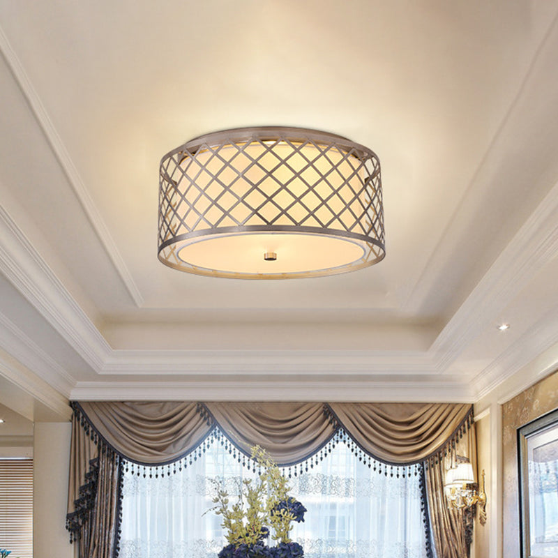 Lámpara de techo de tambor tejido entrecruzado de níquel, tela rústica, 2 bombillas, montaje empotrado para dormitorio