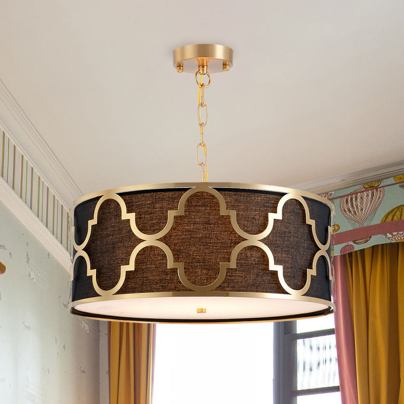 Tissu brun lustre pendentif tambour en forme de tambour 4/5 kit de lumière suspendue traditionnelle avec gardien de cage quatrefoil