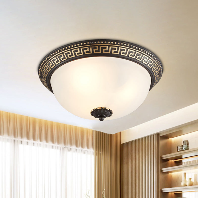 Dome Opaline Glass Ceiling Lighting Retro 2/3-Bulb Bedroom Flush Mount Light Fixture with Swastika Pattern in Black-Gold