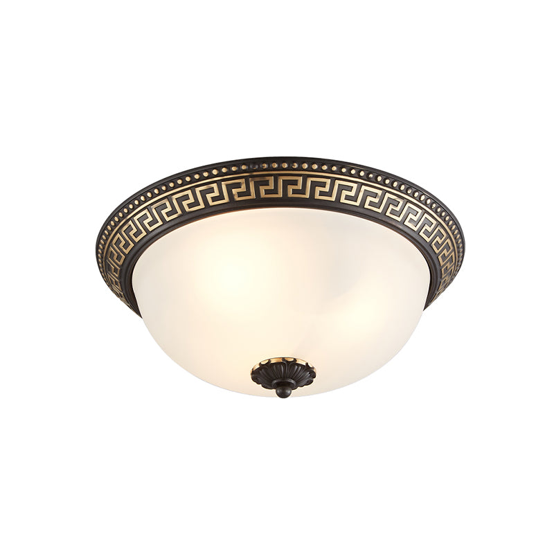 Dome Opaline Glass Ceiling Lighting Retro 2/3-Bulb Bedroom Flush Mount Light Fixture with Swastika Pattern in Black-Gold