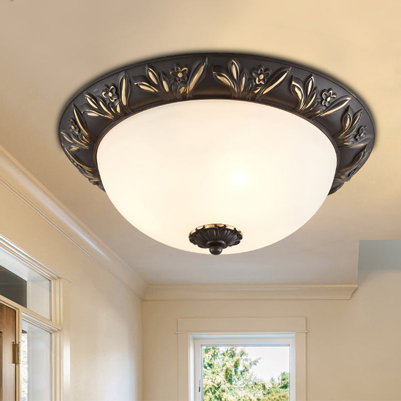 2/3 Bulbs Flush Mount Traditional Cloche Ivory Glass Ceiling Lamp with Sculpted Flower Trim in Black/Brass