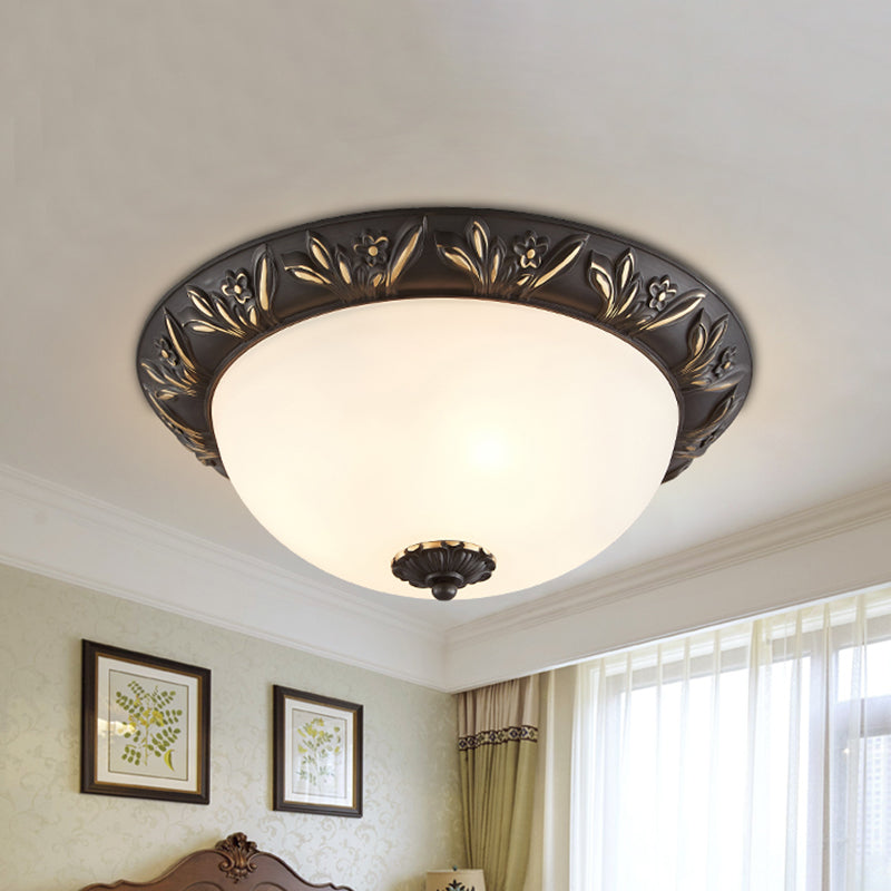 2/3 Bulbs Flush Mount Traditional Cloche Ivory Glass Ceiling Lamp with Sculpted Flower Trim in Black/Brass
