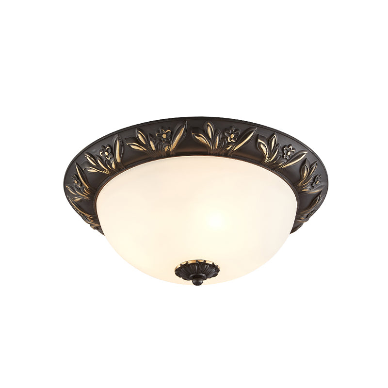 2/3 Bulbs Flush Mount Traditional Cloche Ivory Glass Ceiling Lamp with Sculpted Flower Trim in Black/Brass