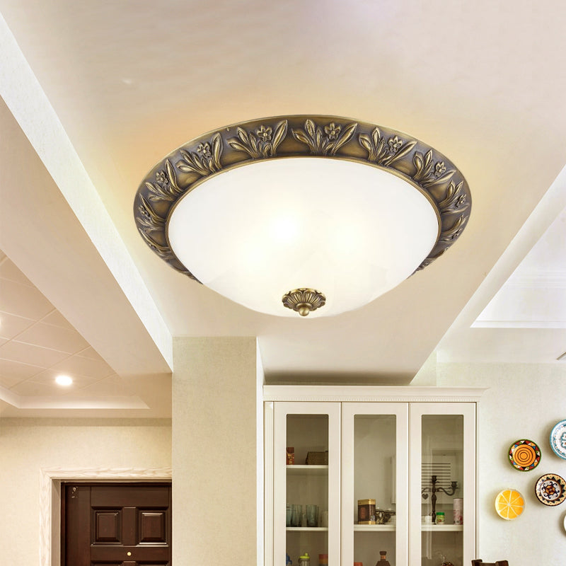 2/3 Bulbs Flush Mount Traditional Cloche Ivory Glass Ceiling Lamp with Sculpted Flower Trim in Black/Brass