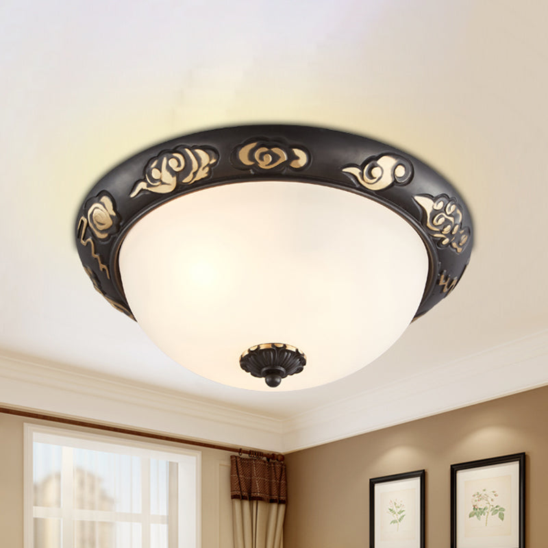 3/4-Head Cream Glass Ceiling Fixture Retro Black Dome Bedroom Flush Mount Recessed Lighting with Embossed Rose Edge