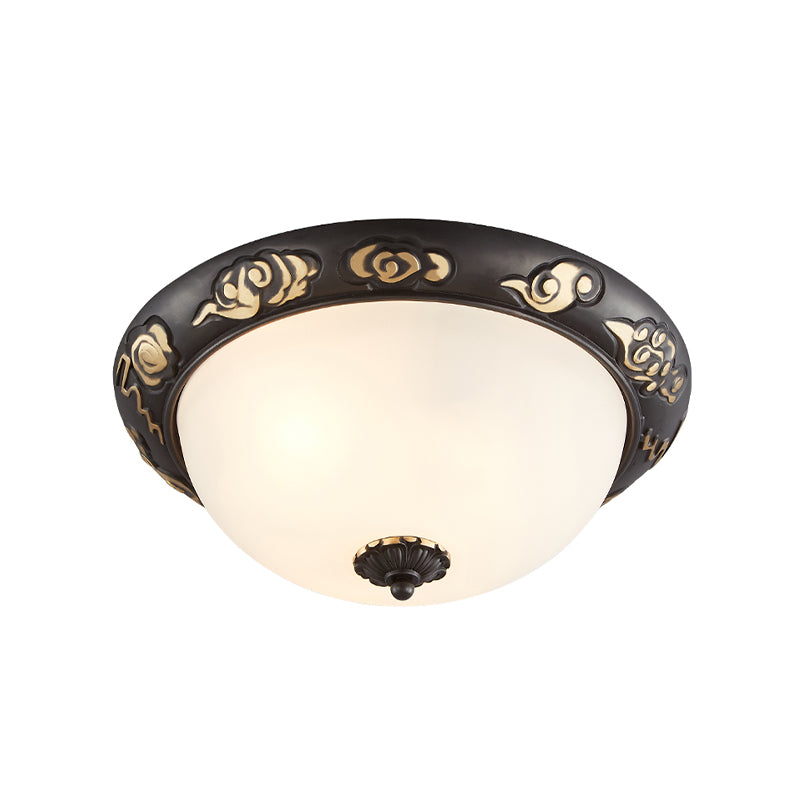 3/4-Head Cream Glass Ceiling Fixture Retro Black Dome Bedroom Flush Mount Recessed Lighting with Embossed Rose Edge