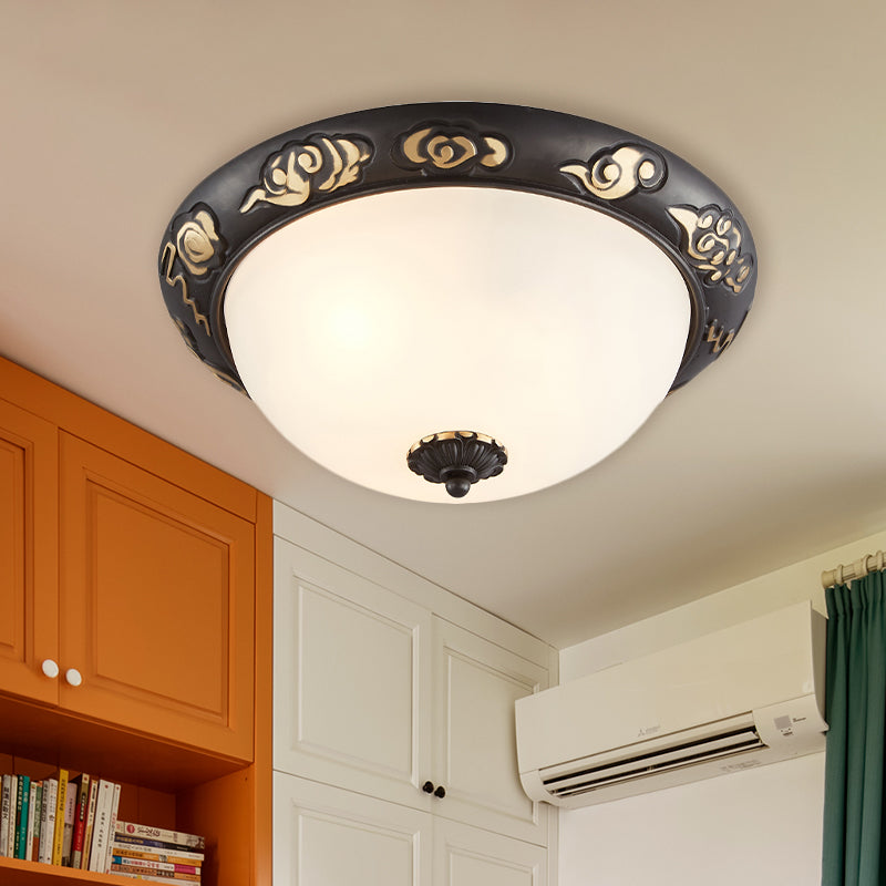 3/4-Head Cream Glass Ceiling Fixture Retro Black Dome Bedroom Flush Mount Recessed Lighting with Embossed Rose Edge