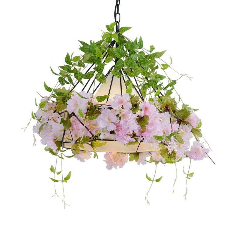16.5"/19.5" W Black Diamond Cage Suspension Light Vintage Iron 1 Light Flower Restaurant Pendant with Fabric Shade